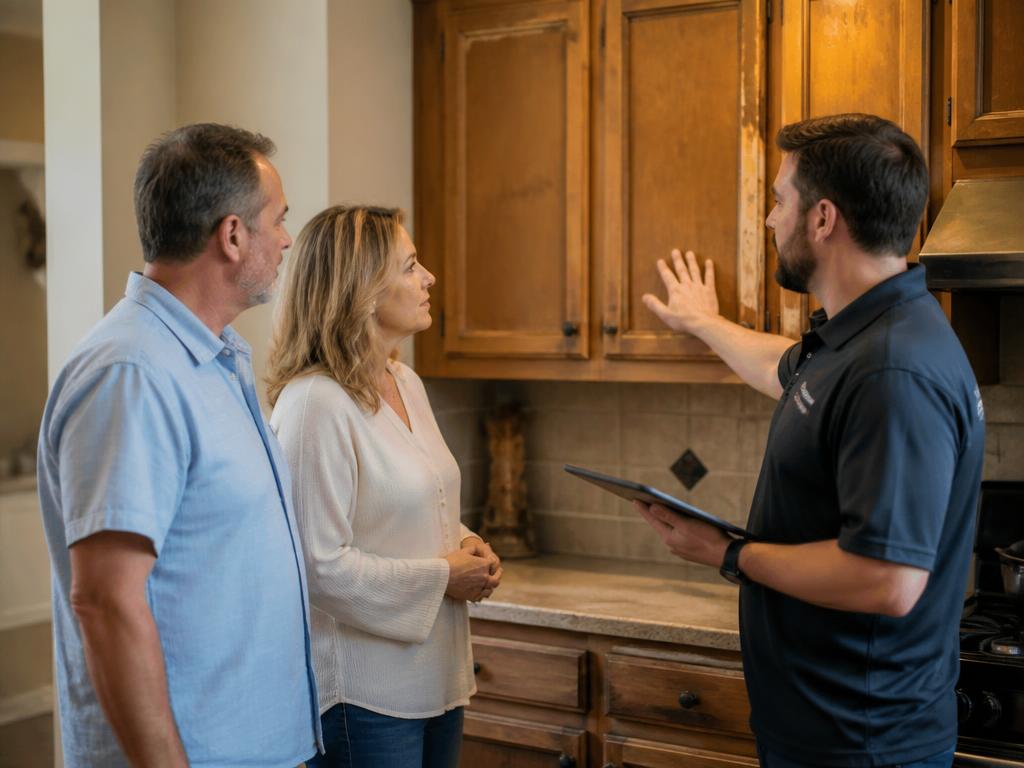 Cabinet refacing contractor giving homeowners an in-home estimate beside worn kitchen cabinets