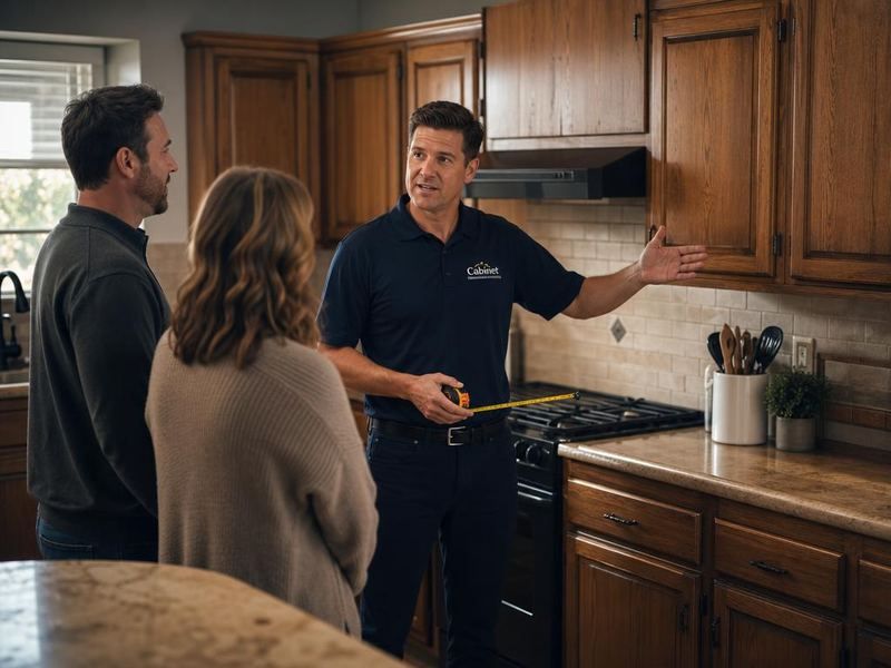 Cabinet refacing contractor discussing an in-home estimate with homeowners in their kitchen.