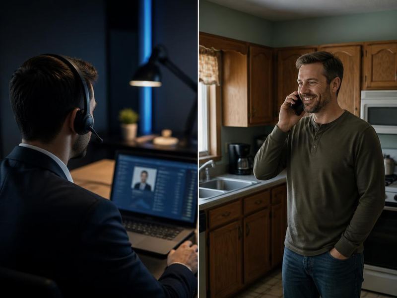 Marketing representative on a headset qualifying a homeowner calling from their kitchen
